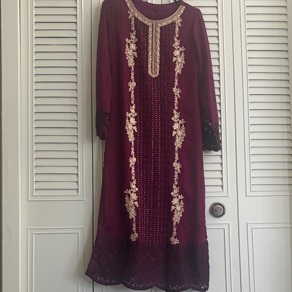 Embroidered Burgundy Women's Dress